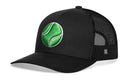 The Haka Hat Tennis Trucker Hat is a black snapback with mesh back, featuring a green tennis ball embroidery on the front and a comfort-fit sweatband for all-day wear.