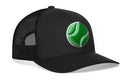 The Haka Hat Tennis Trucker Hat is a black snapback featuring a green tennis ball patch, mesh back, and comfort-fit sweatband for all-day wear.