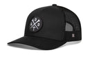 The Haka Hat God Trucker Hat is a black GOD X snapback featuring a mesh back, round patch with G O D and crossed arrows, plus a stitched side logo—making it a standout Christian trucker hat by Haka Hat.
