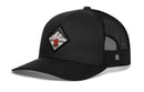 The Haka Hat Campfire Trucker Hat is a black outdoors snapback with a mesh back and front patch featuring a mountain scene and red campfire—perfect for outdoor adventures.