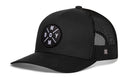 The Haka Hat Boy Mom Trucker Hat in black by Haka Hat features a circular patch with B O Y and M M in white, plus breathable black mesh sides and back for a stylish, comfortable snapback fit.