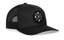 The Haka Hat Boy Mom Trucker Hat is a black mesh snapback featuring a front round patch with "BOY" and the letter "M" in an X design.