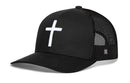 The Haka Hat Cross Trucker Hat features a bold white cross on the front, black mesh back and sides—perfect for any Christian hat collection.