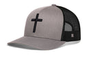 The Haka Hat Cross Trucker Hat in gray-black features a bold embroidered cross on the front, black mesh back, and classic snapback style—perfect for showcasing your faith with Haka Hat’s Christian trucker flair.