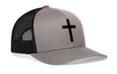 The Haka Hat Cross Trucker Hat in gray and black features a bold cross on the front, breathable black mesh sides and back, and an adjustable snapback for comfort.