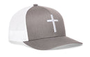 The Haka Hat Cross Trucker Hat is a gray-white snapback with a bold white embroidered cross on the front panel.