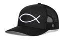 The Haka Hat Jesus Fish Trucker Hat is a black mesh snapback featuring a bold white 3D ichthys Christian fish symbol embroidered on the front.