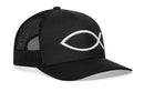 The Haka Hat Jesus Fish Trucker Hat features a black mesh design with a bold white ichthys (Jesus Fish) in detailed 3D embroidery on the front panel. This snapback is from the Haka Hat brand.