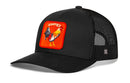 The Haka Hat Rooster Energy Trucker Hat is a black mesh snapback with a curved brim and front embroidered patch featuring a rooster and the word "energy.