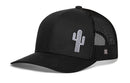 The Haka Hat Cactus Trucker Hat is a black snapback from the HAKA signature collection, featuring a white embroidered cactus on the front and a mesh back.