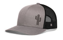The Haka Hat Cactus Trucker Hat in Gray-Black features a stitched cactus outline on the front panel and black mesh back—ideal for fans of the classic Cactus Trucker Hat style.