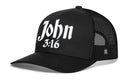 The Haka Hat John 3:16 Trucker Hat is a black Christian snapback featuring bold 3D puff embroidery on the front, mesh back, and a curved brim. From the Haka Hat brand.