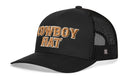 The Haka Hat Cowboy Trucker Hat in black features bold gold "COWBOY HAT" 3D embroidery on the front and a comfort-fit snapback for all-day wear.
