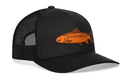 The Haka Hat Salmon Trucker Hat is a black mesh snapback featuring a premium salmon leather patch with an orange fish on the front and a comfort-fit sweatband for all-day wear.