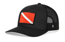 The Haka Hat Dive Flag Trucker Hat is a black snapback featuring a red patch with a white diagonal stripe dive flag—ideal for scuba diving fans.