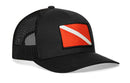The Haka Hat Dive Flag Trucker Hat in black features a red diver down flag patch on the front panel, perfect for scuba divers and made by Haka Hat.