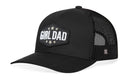 The Haka Hat Girl Dad Trucker Hat in black is a snapback cap featuring ‘GIRL DAD’ on a hexagonal patch and a small H logo on the mesh back—a classic trucker for proud dads from Haka Hat.