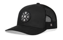 The Haka Hat Dog Mom Trucker Hat Embroidered is a black snapback with mesh back panels, adjustable fit, and a round patch featuring a paw print and the letters D, M, G, and M. Brand: Haka Hat.