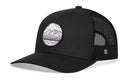 The Haka Hat Circle Mountain and Trees Trucker Hat is a black outdoor snapback with a mesh back and a front circular patch featuring mountain and tree line art.