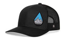 The Haka Hat Rainddrop Mountain and Trees Trucker Hat is a black mesh outdoors snapback featuring a blue water droplet patch with a white mountain design, curved brim, structured front, and classic closure.