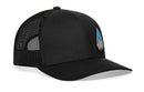 The Haka Hat Rainddrop Mountain and Trees Trucker Hat is a black mesh snapback with a curved brim and front patch showing a blue water droplet featuring white mountain peaks—ideal for outdoor adventure seekers.