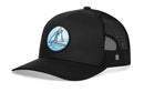 The Haka Hat Sailboat Trucker Hat in black features a flat bill, mesh back, adjustable snapback, and a round patch with a sailboat on blue water. It's the ideal boating hat from Haka Hat—stylish and comfortable for any adventure.