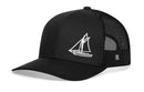 The Haka Hat Sailboat Trucker Hat by Haka Hat features a black snapback, a white sailboat outline embroidered on the front, and breathable black mesh on the back.
