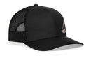 The Haka Hat Sailboat Trucker Hat is a black snapback from Haka Hat, featuring a mesh back and a small white outlined sailboat on the front left panel.
