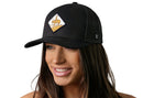 A woman with long brown hair smiles and looks to the side, wearing the Haka Hat Horse & Cowboy Trucker Hat in Black Diamond Snapback by Haka Hat against a white background.