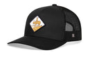 The Haka Hat Horse & Cowboy Trucker Hat | Black Diamond Snapback features a black mesh, curved brim, and a front patch of a cowboy on horseback against a yellow landscape with a white sky. Brand: Haka Hat.