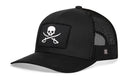 The Haka Hat Pirate Flag Trucker Hat is a black snapback featuring a white skull-and-crossbones Jolly Roger patch, mesh sides, and a small H logo on the back. Brand: Haka Hat.