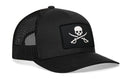 The Haka Hat Pirate Flag Trucker Hat is a black snapback with mesh back and a front patch showing a white Jolly Roger skull and crossed swords—perfect for pirate hat fans. Brand: Haka Hat.