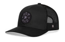 The Haka Hat Boy Dad Trucker Leather Hat in black features a curved brim, mesh back panels, and a round leather patch with "BOY DAD" and star. This stylish, comfortable snapback is by Haka Hat.