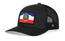 The Haka Hat Utah Flag Trucker Hat is a black mesh snapback with a curved brim, featuring a colorful Utah mountain patch in blue, white, and red with a yellow hexagon emblem on the front.