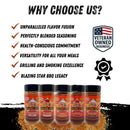 Image showcasing the top reasons to choose the Blazing Star BBQ Ultimate Seasoning Bundle: bold flavor fusion, expert-crafted blends, health-conscious ingredients, all-around versatility, top-tier grilling performance, and a proud BBQ legacy. The image features jars from the bundle with checkmarks and icons highlighting Veteran Owned status and award-winning spicy BBQ rubs—all from Blazing Star BBQ.