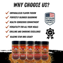 Image showcasing the top reasons to choose the Blazing Star BBQ Ultimate Seasoning Bundle: bold flavor fusion, expert-crafted blends, health-conscious ingredients, all-around versatility, top-tier grilling performance, and a proud BBQ legacy. The image features jars from the bundle with checkmarks and icons highlighting Veteran Owned status and award-winning spicy BBQ rubs—all from Blazing Star BBQ.