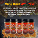 Five bottles from the Blazing Star BBQ Ultimate Seasoning Bundle—a celebrated veteran-owned brand—stand lined up before a dark backdrop with mouthwatering food. Above them, bold yellow and red text declares: FIVE FLAVORS. ONE LEGEND.