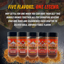 Five bottles from the Blazing Star BBQ Ultimate Seasoning Bundle—a celebrated veteran-owned brand—stand lined up before a dark backdrop with mouthwatering food. Above them, bold yellow and red text declares: FIVE FLAVORS. ONE LEGEND.