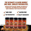 Five Blazing Star BBQ spice bottles are displayed, showcasing the Blazing Star BBQ Ultimate Seasoning Bundle—a 5-flavor collection of bold, spicy BBQ rubs made with quality ingredients, free from gluten, MSG, and preservatives. From a veteran-owned brand, it’s perfect for grilling, smoking, or cooking.