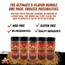 Five Blazing Star BBQ spice bottles are displayed, showcasing the Blazing Star BBQ Ultimate Seasoning Bundle—a 5-flavor collection of bold, spicy BBQ rubs made with quality ingredients, free from gluten, MSG, and preservatives. From a veteran-owned brand, it’s perfect for grilling, smoking, or cooking.