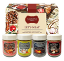 The SALTOPIA Infused Sea Salts "Ultimate Carnivore Salts" gift set includes four jars—Maple Hickory, Lemon Pepper, Smoked Applewood, and Garlic Salt—displayed in front of a box with grilled meat and food illustrations.