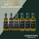 Six bottles of Georgetown Olive Oil Co. Ultra High Polyphenols Extra Virgin Olive Oil are lined up in a row against a green background, with bold text above reading: “Ultra High Polyphenols Extra Virgin Olive Oil.” This Georgetown Olive Oil Co. 6 Bottle Variety Pack offers an excellent selection of rich Mediterranean flavors, with the brand’s name featured at the bottom.