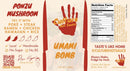 A label for Culture Hot Sauce Umami Bomb by Culture Hot Sauce featuring Ponzu Mushroom and Umami Bomb, with nutrition facts, serving suggestions, a red handprint logo, and social media/contact information. The label lists ingredients—highlighting natural umami ingredients—and presents the sauce as a handmade, sugar-free Japanese Italian creation.