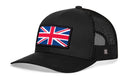 The Haka Hat United Kingdom Flag Trucker Hat is a black snapback with a curved bill and features a rectangular UK Union Jack patch on the front panel.