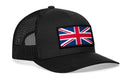 The Haka Hat United Kingdom Flag Trucker Hat features a bold UK Union Jack patch on the black front panel, offering standout British style in a classic mesh snapback design.