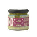 A glass jar of Famiglia Crispino Artichoke Bruschetta Spread — Marinated Italian Carciofi by Taycte features a purple label, black lid, and Calabrian artichoke spread in extra virgin olive oil with no preservatives.
