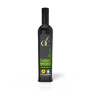 A tall, sleek black bottle of Taycte DOP Canino Organic Extra Virgin Olive Oil—crafted from premium organic Caninese olives—features green and gold accents, a logo with an olive branch, and a capacity of 500 mL (16.9 fl oz). This exquisite Italian finishing oil by Taycte promises both elegance and authentic flavor.