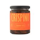 A glass jar of Famiglia Crispino Sun-Dried Tomato Antipasto — Italian Marinated in Olive Oil by Taycte, featuring an orange label with yellow text and Calabrian sun-dried tomatoes in extra virgin olive oil.