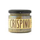A glass jar with a black lid labeled Famiglia Crispino Porcini Mushroom Bruschetta Spread — Wild Italian Funghi by Taycte. Chunky vegetables are visible through the jar’s beige label with bold lettering.