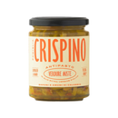 A jar of Taycte Famiglia Crispino Italian Mixed Vegetable Antipasto, with a yellow label featuring red text. This authentic product from the Taycte brand contains marinated garden vegetables in extra virgin olive oil from Calabria, Italy.